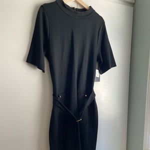 BLACK GOLD BUCKLED TIED MID BODYCON DRESS * NWT *